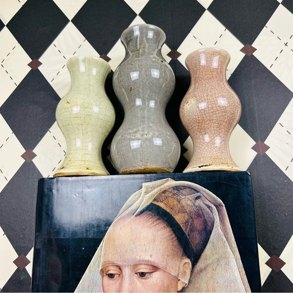 Studio Pottery Trio Bud Vases Crackle Glaze Sculptural| Vintage Luxury Set of 3 - Picture 11 of 16